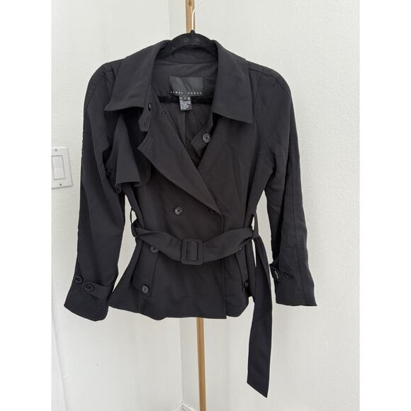 Yansi Fugel Black Microfiber Tailored Double Breasted Button Jacket Belt SZ 2 - Picture 1 of 6